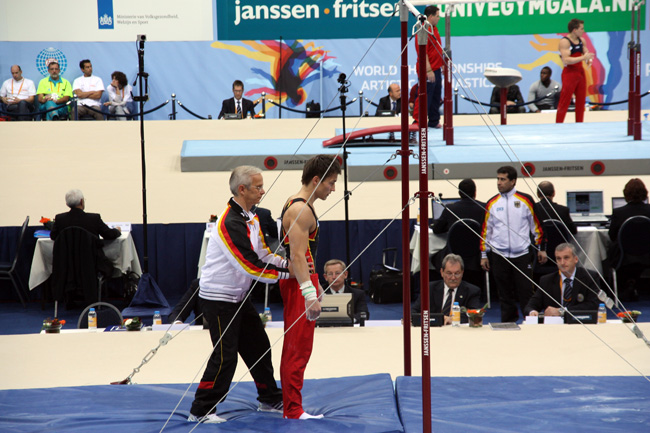 German gymnast Philipp Boy preparing for his horizontal bar routine
